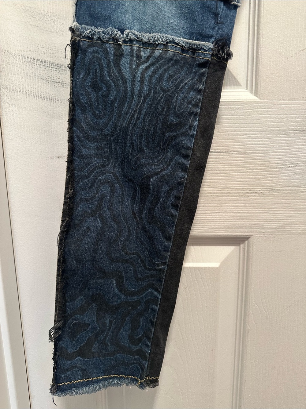 Patchwork Black and Dark Blue Women's Stretch Jeans- Distressed Artistic Design - Picture 5 of 6